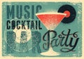 Music Cocktail Bar Party typographical vintage grunge style poster design with martini glass and vinyl disc. Retro vector illustra Royalty Free Stock Photo